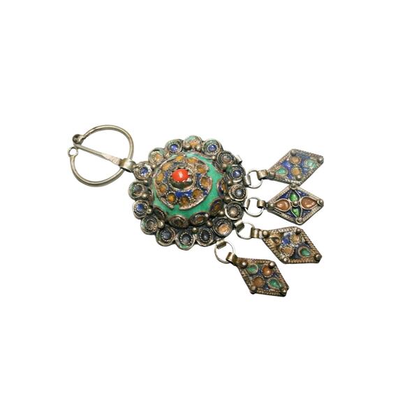 Stunning Huge Antique Algerian Kabyle Enameled Fibula Brooch  Stunning Huge Antique Algerian Kabyle Enameled Fibula Brooch